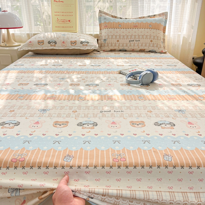 91家纺网 家纺一手货源 找家纺 好亿来家纺 2026新款全棉纯棉印花小清新床单单件床单单品单床单 米条萌宠