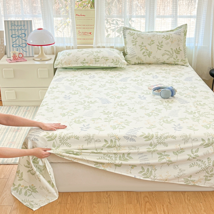 91家纺网 家纺一手货源 找家纺 好亿来家纺 2026新款全棉纯棉印花小清新床单单件床单单品单床单 沁雨花叶