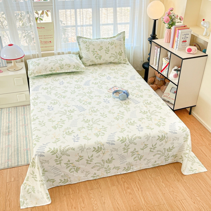 91家纺网 家纺一手货源 找家纺 好亿来家纺 2026新款全棉纯棉印花小清新床单单件床单单品单床单 沁雨花叶