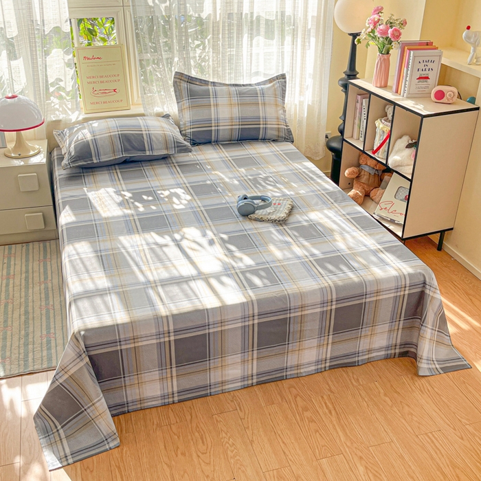 91家纺网 家纺一手货源 找家纺 好亿来家纺 2026新款全棉纯棉印花小清新床单单件床单单品单床单 趣味格-灰