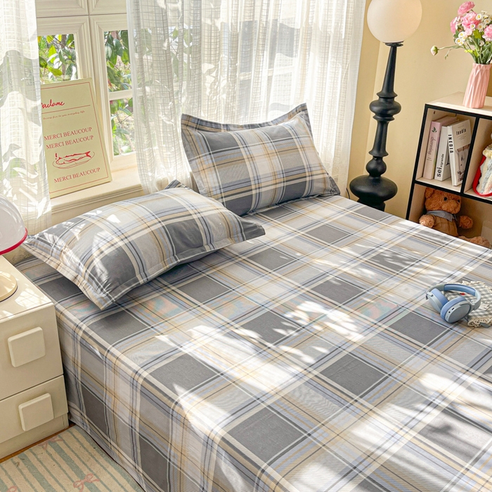 91家纺网 家纺一手货源 找家纺 好亿来家纺 2026新款全棉纯棉印花小清新床单单件床单单品单床单 趣味格-灰