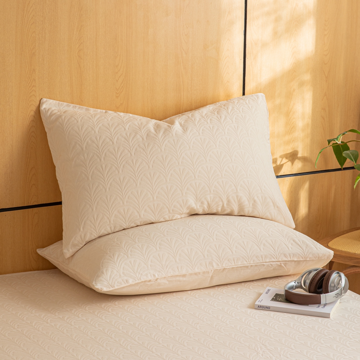 眠博士 2026新款60水洗立体提花枕套场景二 杏影-奶白