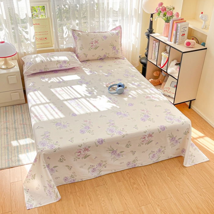 91家纺网 家纺一手货源 找家纺 好亿来家纺 2026新款全棉纯棉印花小清新床单单件床单单品单床单 紫韵花香