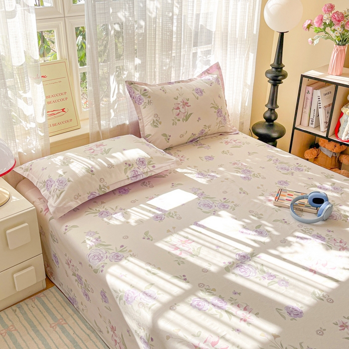 91家纺网 家纺一手货源 找家纺 好亿来家纺 2026新款全棉纯棉印花小清新床单单件床单单品单床单 紫韵花香