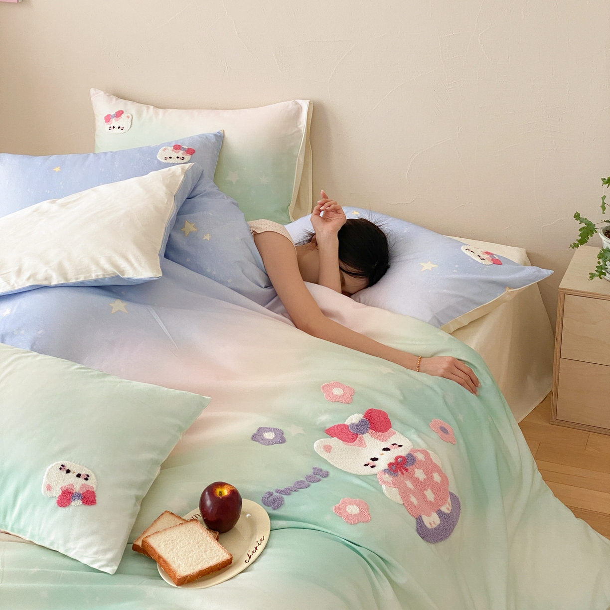 眠博士 2026新款50支长绒棉毛巾绣四件套 50支长绒棉套件-星点猫咪