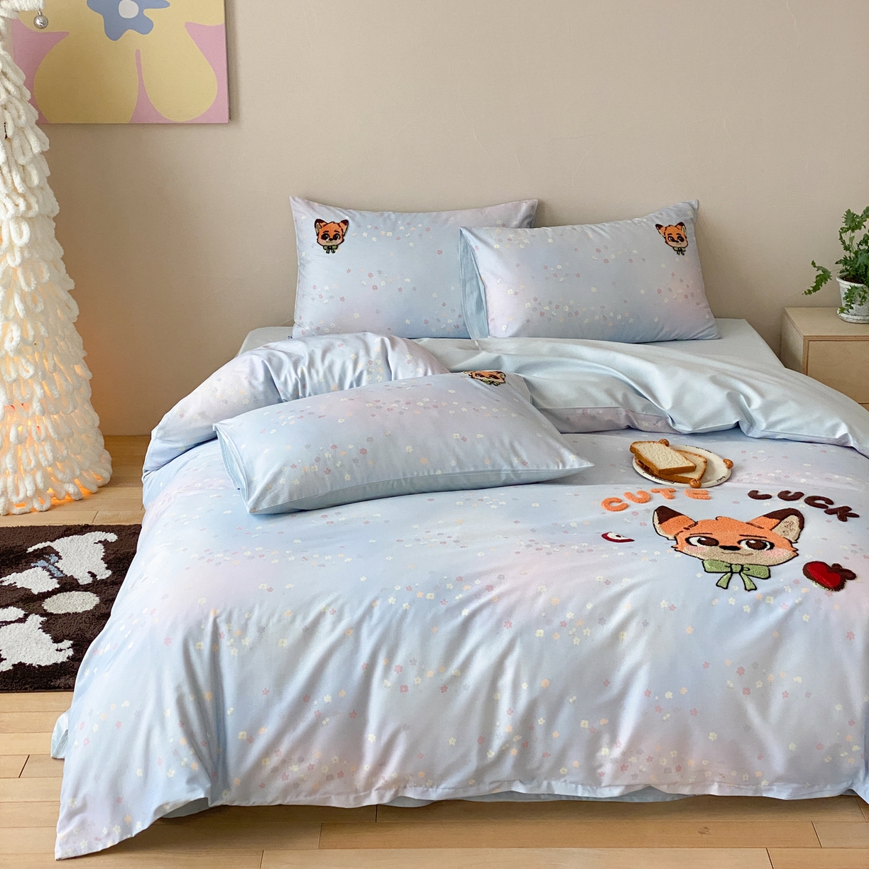 91家纺网 家纺一手货源 找家纺 眠博士 2026新款50支长绒棉毛巾绣四件套 50支长绒棉套件-青橙狐宝