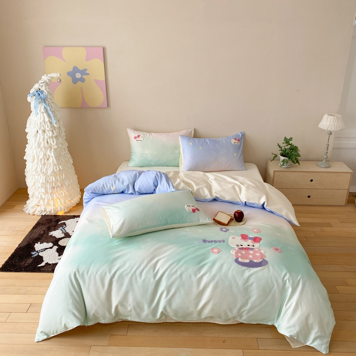 91家纺网 家纺一手货源 找家纺 眠博士 2026新款50支长绒棉毛巾绣四件套 50支长绒棉套件-星点猫咪