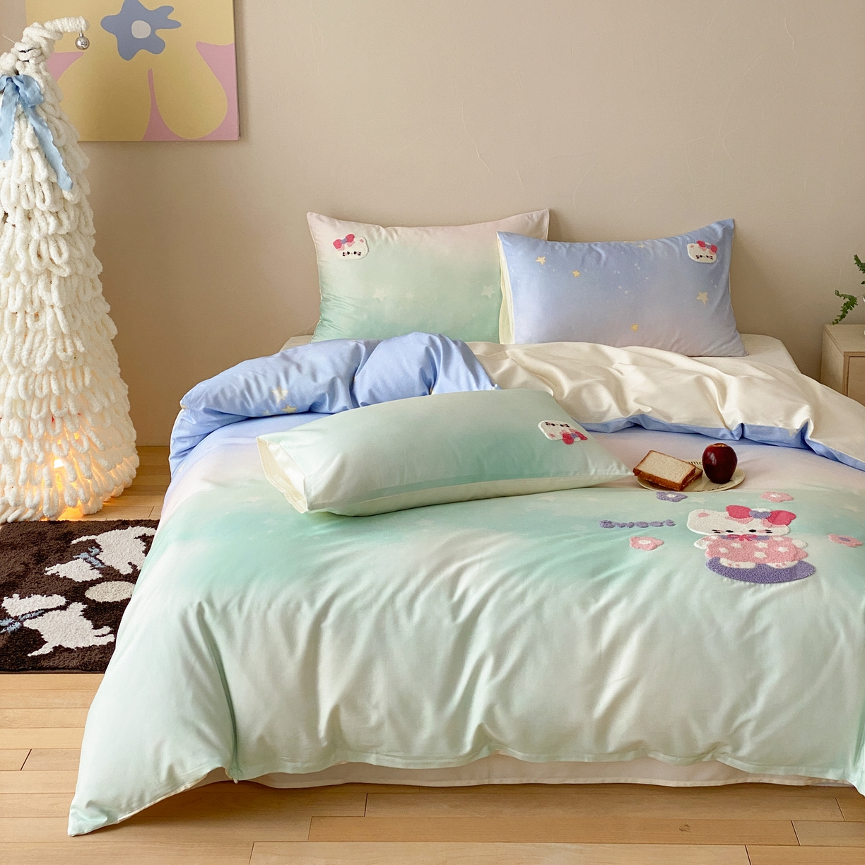 91家纺网 家纺一手货源 找家纺 眠博士 2026新款50支长绒棉毛巾绣四件套 50支长绒棉套件-星点猫咪