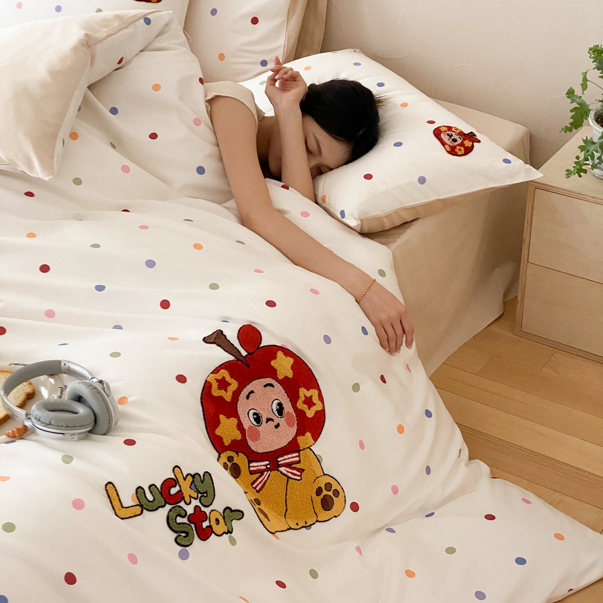 眠博士 2026新款50支长绒棉毛巾绣四件套 50支长绒棉套件-波点星星人