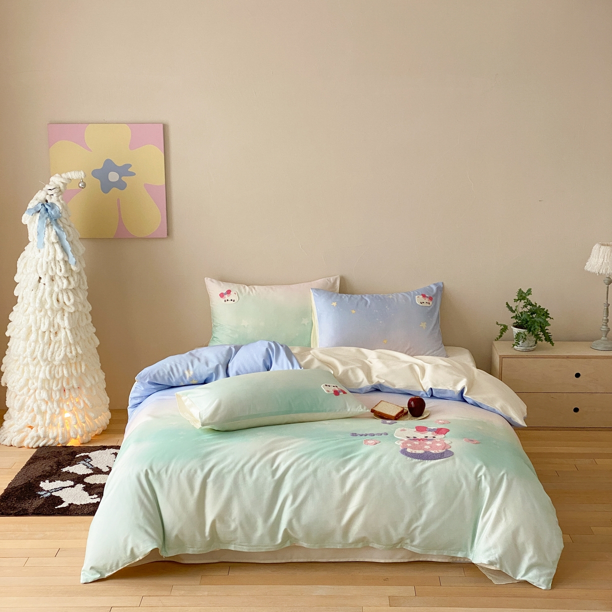 91家纺网 家纺一手货源 找家纺 眠博士 2026新款50支长绒棉毛巾绣四件套 50支长绒棉套件-星点猫咪