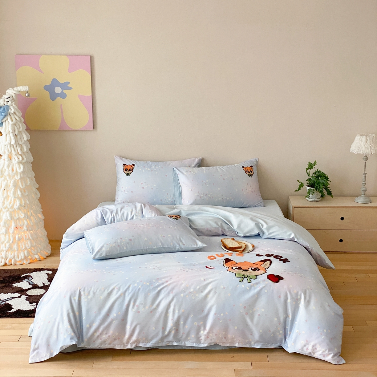 91家纺网 家纺一手货源 找家纺 眠博士 2026新款50支长绒棉毛巾绣四件套 50支长绒棉套件-青橙狐宝