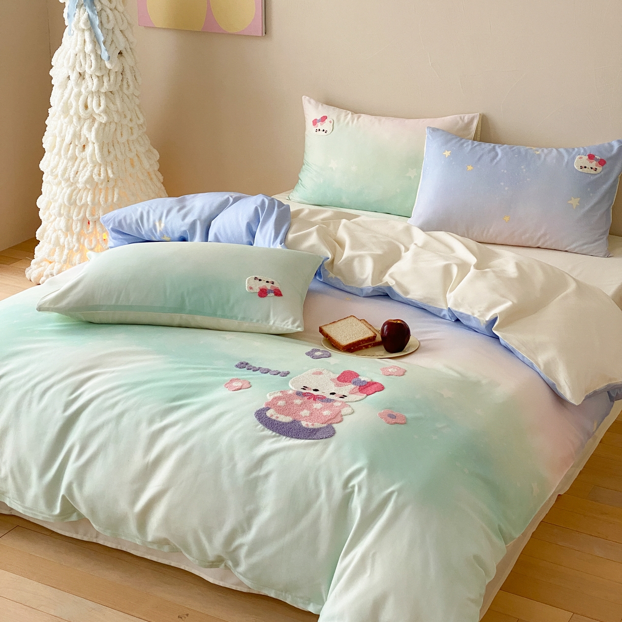 91家纺网 家纺一手货源 找家纺 眠博士 2026新款50支长绒棉毛巾绣四件套 50支长绒棉套件-星点猫咪