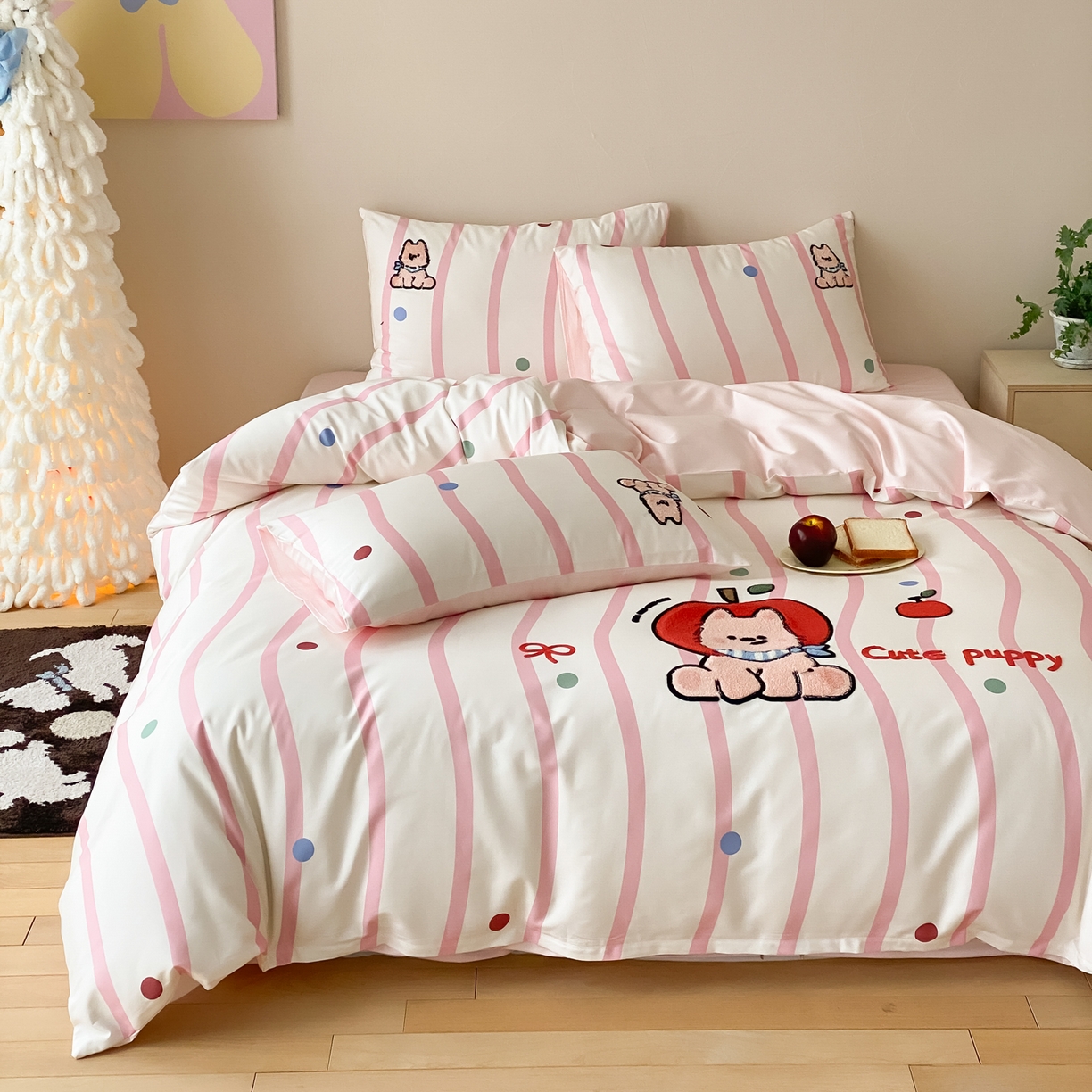 91家纺网 家纺一手货源 找家纺 眠博士 2026新款50支长绒棉毛巾绣四件套 50支长绒棉套件-粉桃犬仔