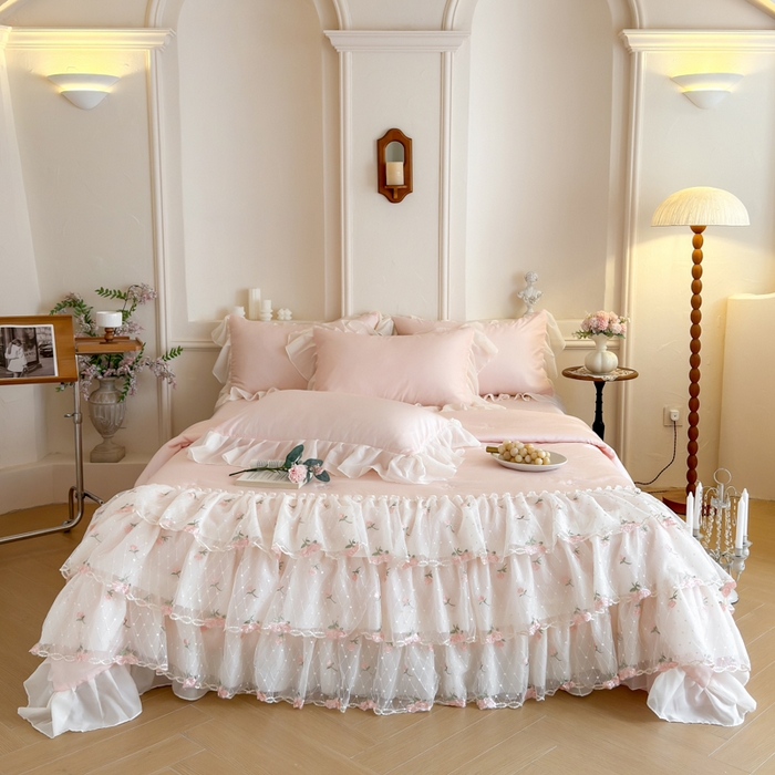 91家纺网 家纺一手货源 找家纺 爱家（原缔乐家纺） 2026新款轻奢法式天丝夏被四件套 花雾织梦-公主粉