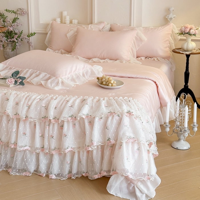 91家纺网 家纺一手货源 找家纺 爱家（原缔乐家纺） 2026新款轻奢法式天丝夏被四件套 花雾织梦-公主粉