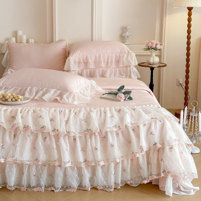 91家纺网 家纺一手货源 找家纺 爱家（原缔乐家纺） 2026新款轻奢法式天丝夏被四件套 花雾织梦-公主粉