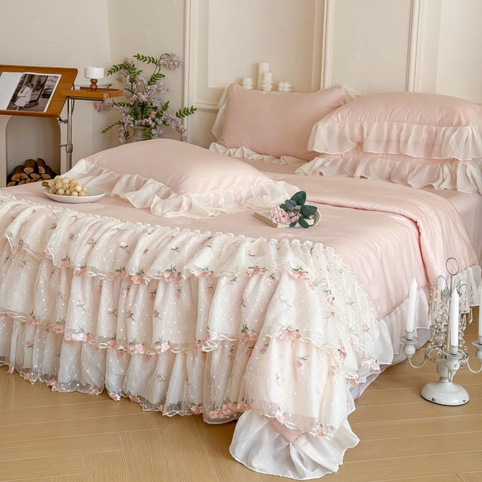 91家纺网 家纺一手货源 找家纺 爱家（原缔乐家纺） 2026新款轻奢法式天丝夏被四件套 花雾织梦-公主粉