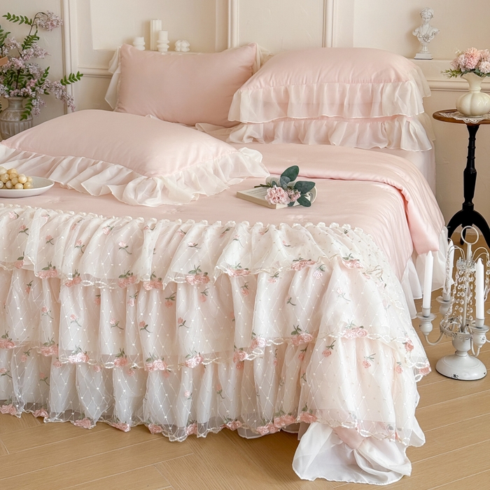 91家纺网 家纺一手货源 找家纺 爱家（原缔乐家纺） 2026新款轻奢法式天丝夏被四件套 花雾织梦-公主粉