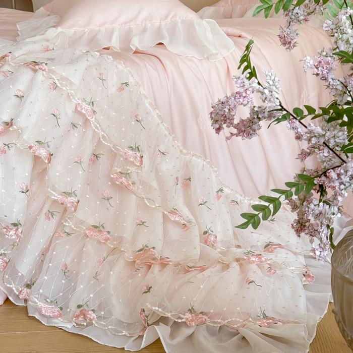 91家纺网 家纺一手货源 找家纺 爱家（原缔乐家纺） 2026新款轻奢法式天丝夏被四件套 花雾织梦-公主粉