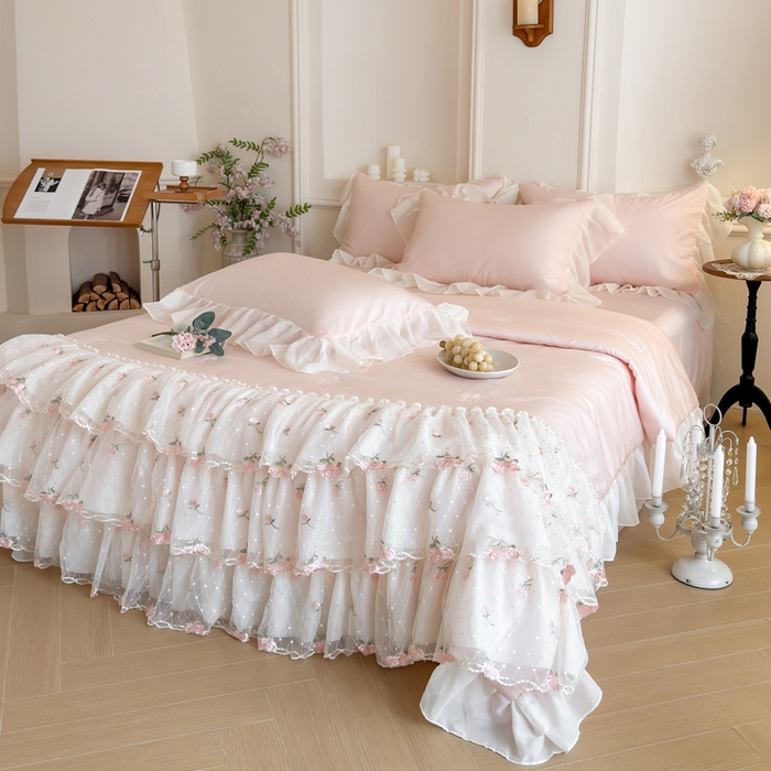 91家纺网 家纺一手货源 找家纺 爱家（原缔乐家纺） 2026新款轻奢法式天丝夏被四件套 花雾织梦-公主粉