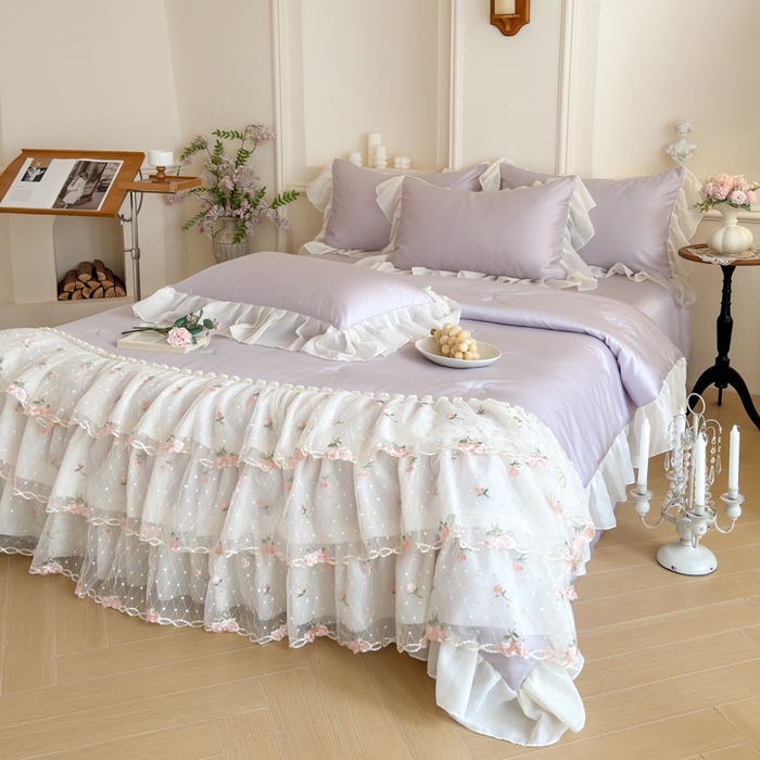 91家纺网 家纺一手货源 找家纺 爱家（原缔乐家纺） 2026新款轻奢法式天丝夏被四件套 花雾织梦-梦幻紫