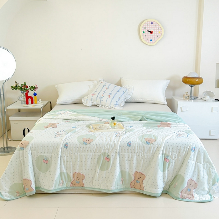 悦织湾家纺 冰丝冰激凌夏被2026新款凉感丝冻冻印花冰淇淋绗绣包边夏凉被轻奢空调被     气球熊-绿