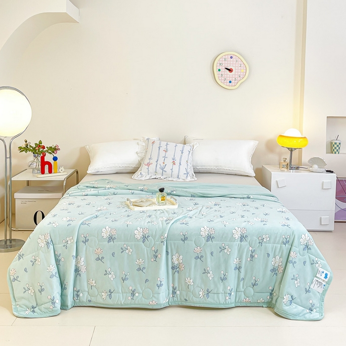 悦织湾家纺 冰丝冰激凌夏被2026新款凉感丝冻冻印花冰淇淋绗绣包边夏凉被轻奢空调被     小花-绿