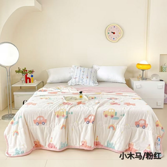 悦织湾家纺 冰丝冰激凌夏被2026新款凉感丝冻冻印花冰淇淋绗绣包边夏凉被轻奢空调被     小木马-粉红