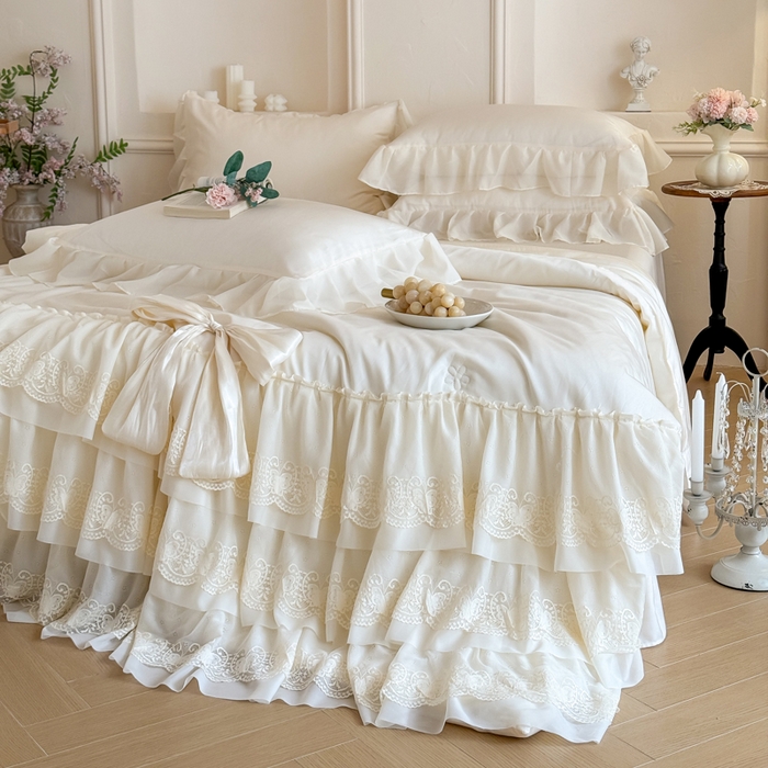 91家纺网 家纺一手货源 找家纺 爱家（原缔乐家纺） 2026新款轻奢法式天丝夏被四件套 洛可可之梦-奶昔白