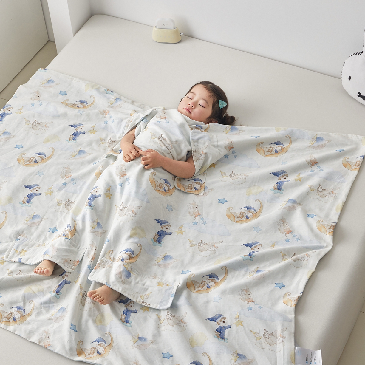 91家纺网 家纺一手货源 找家纺 荷马之梦 2026新款全棉纱布印花小版盖毯山茶蚕丝儿童拥抱防踢夏被-拥抱森林 星空游记