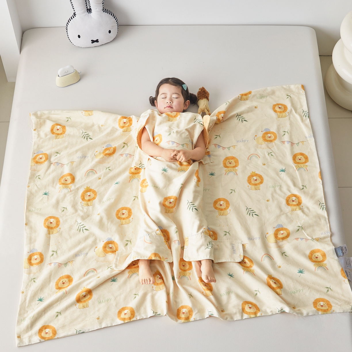 91家纺网 家纺一手货源 找家纺 荷马之梦 2026新款全棉纱布印花小版盖毯山茶蚕丝儿童拥抱防踢夏被-拥抱森林 萌狮派对