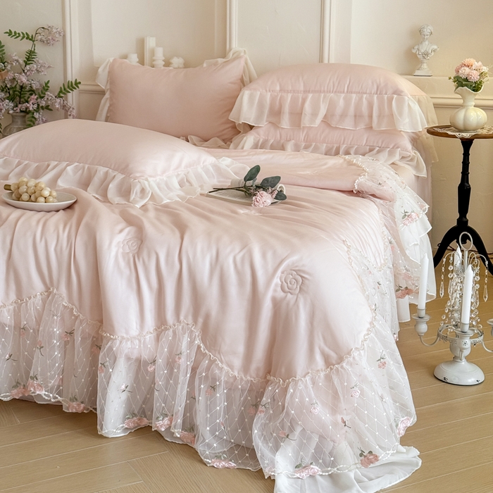 91家纺网 家纺一手货源 找家纺 爱家（原缔乐家纺） 2026新款轻奢法式天丝夏被四件套 逸然-公主粉