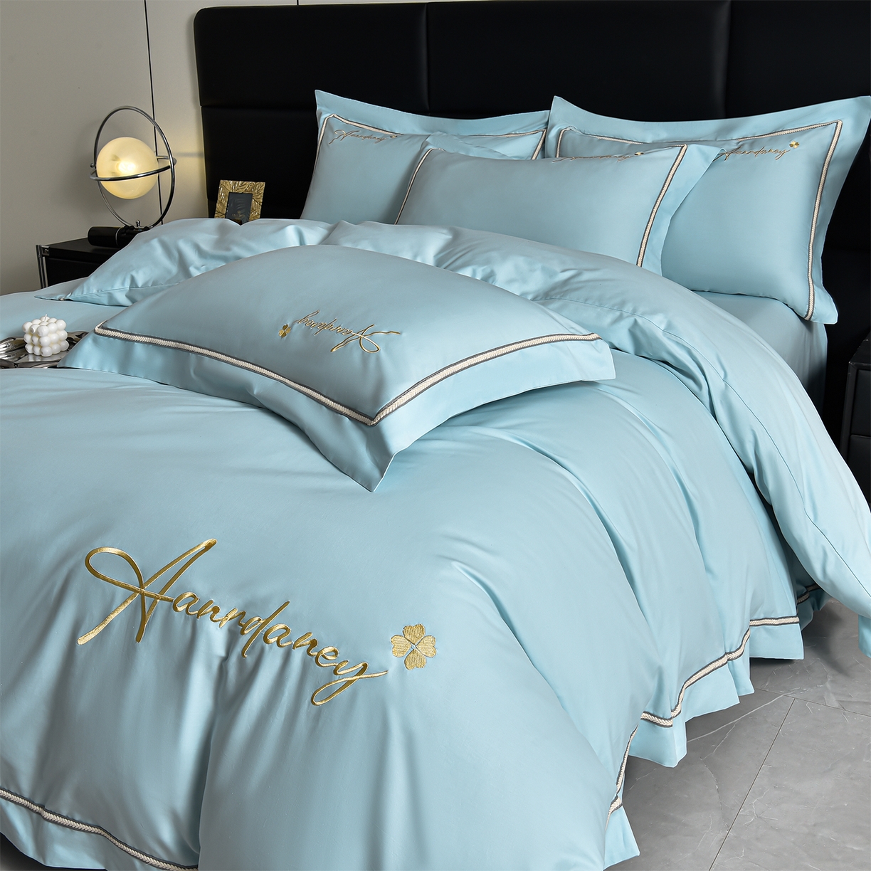 91家纺网 家纺一手货源 找家纺 湘雪家居 2026新款长绒棉高支高密纯棉刺绣四件套-幕镜款 幕镜-松石绿