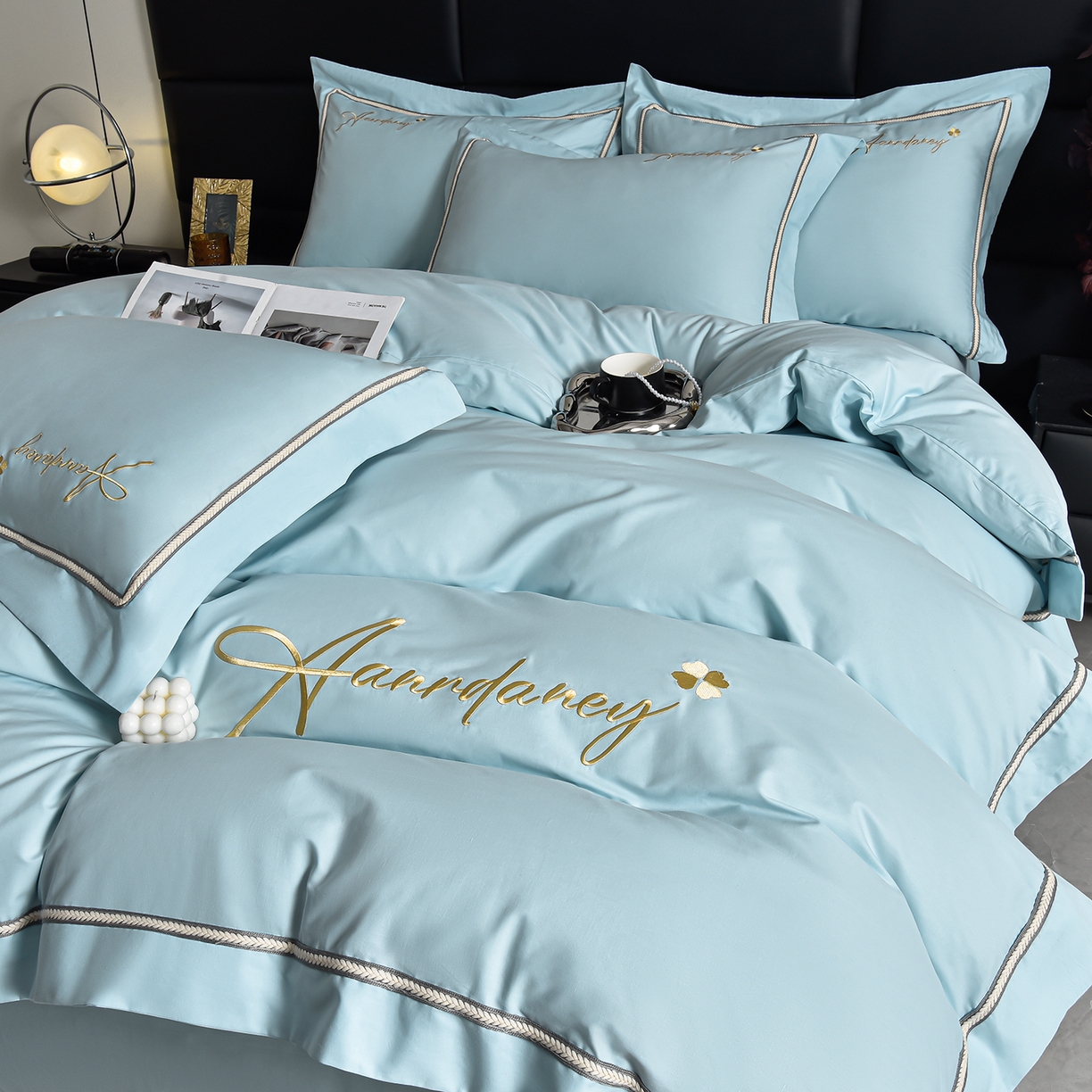 91家纺网 家纺一手货源 找家纺 湘雪家居 2026新款长绒棉高支高密纯棉刺绣四件套-幕镜款 幕镜-松石绿