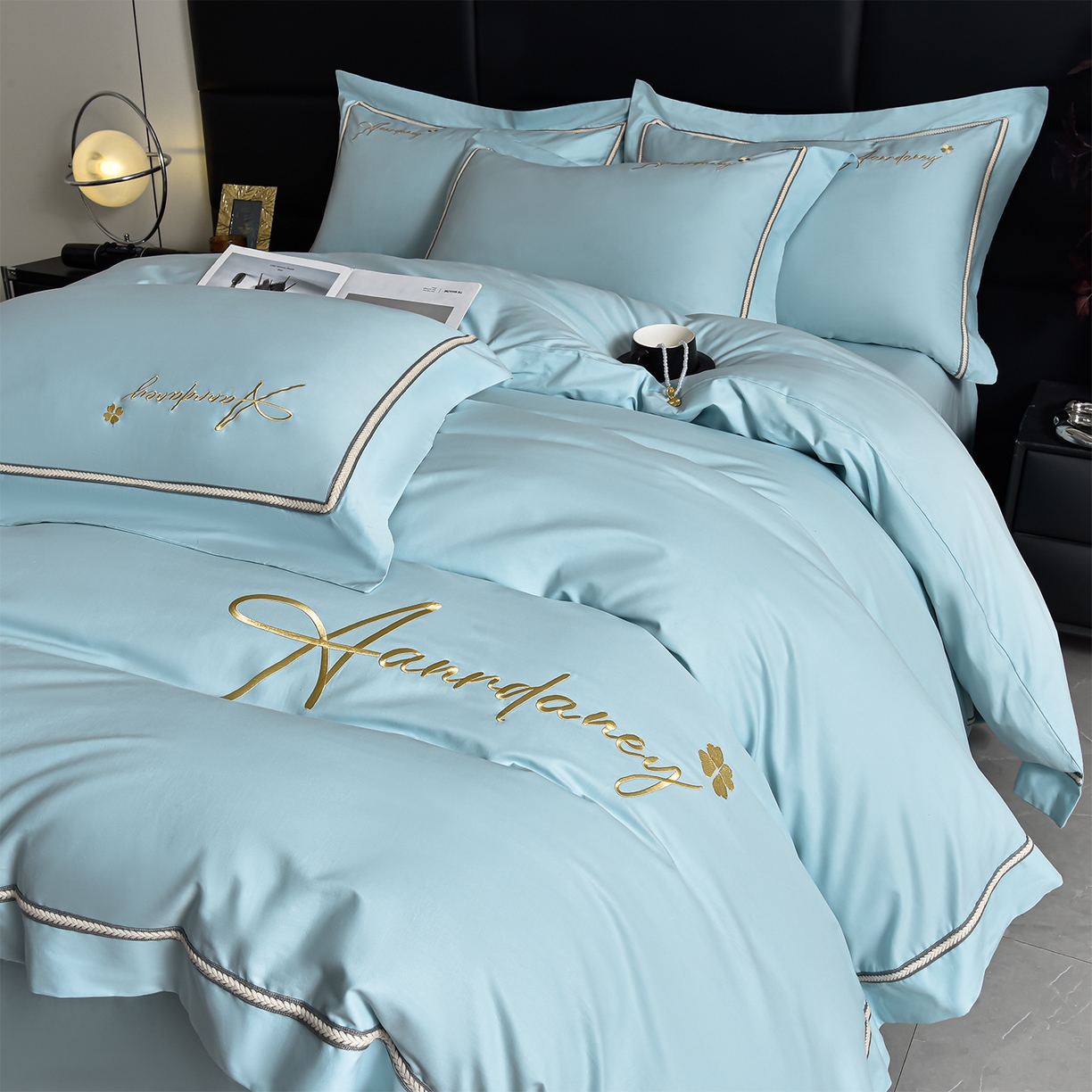 91家纺网 家纺一手货源 找家纺 湘雪家居 2026新款长绒棉高支高密纯棉刺绣四件套-幕镜款 幕镜-松石绿