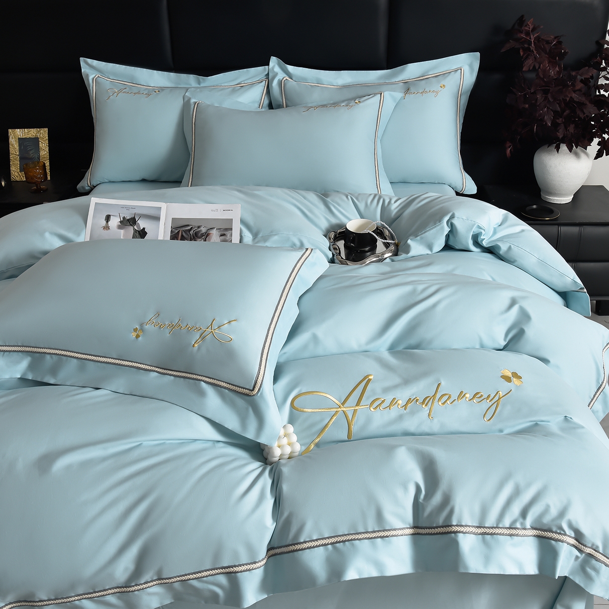 91家纺网 家纺一手货源 找家纺 湘雪家居 2026新款长绒棉高支高密纯棉刺绣四件套-幕镜款 幕镜-松石绿