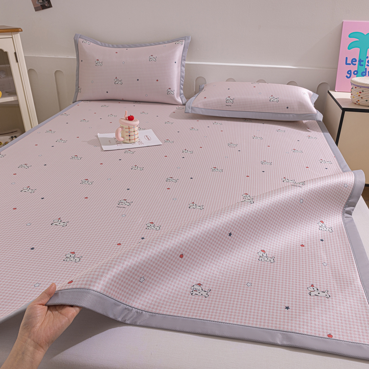 小萌虎 2026新款碳光冰丝席平铺款床席款 斑点狗-粉