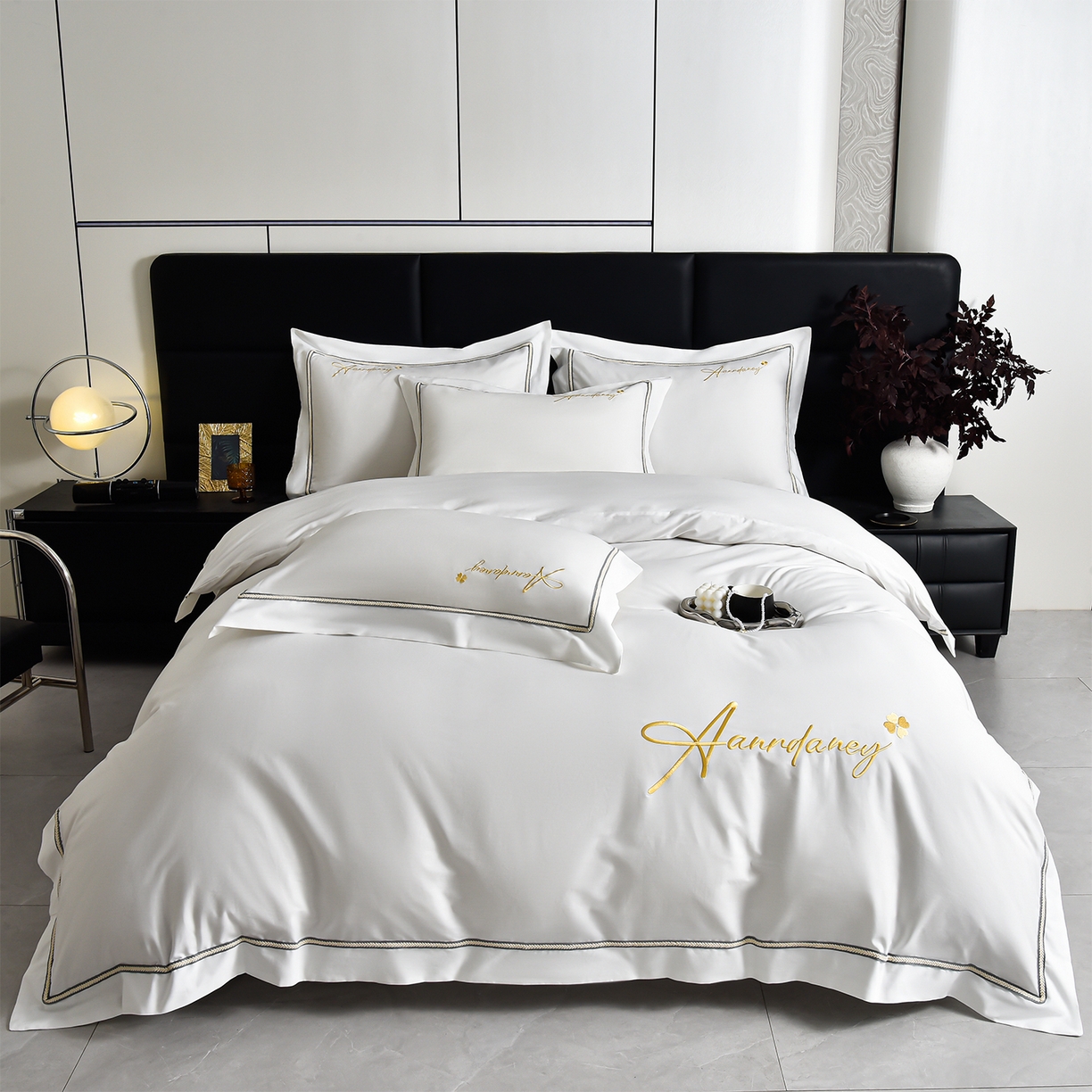 91家纺网 家纺一手货源 找家纺 湘雪家居 2026新款长绒棉高支高密纯棉刺绣四件套-幕镜款 幕镜-雪融白