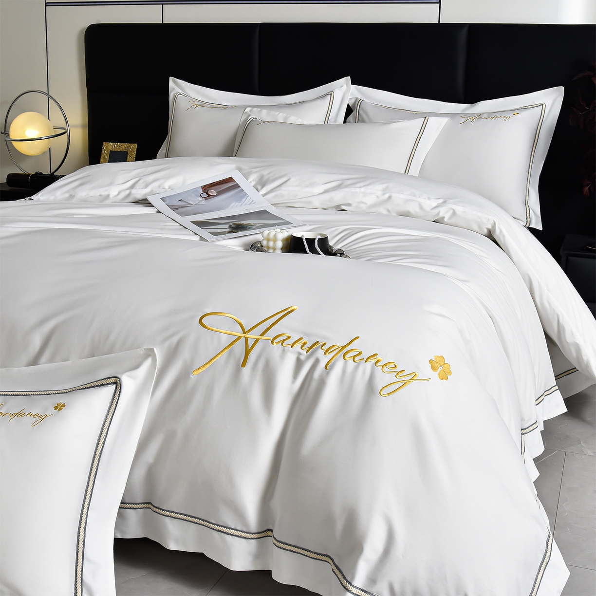 湘雪家居 2026新款长绒棉高支高密纯棉刺绣四件套-幕镜款 幕镜-雪融白