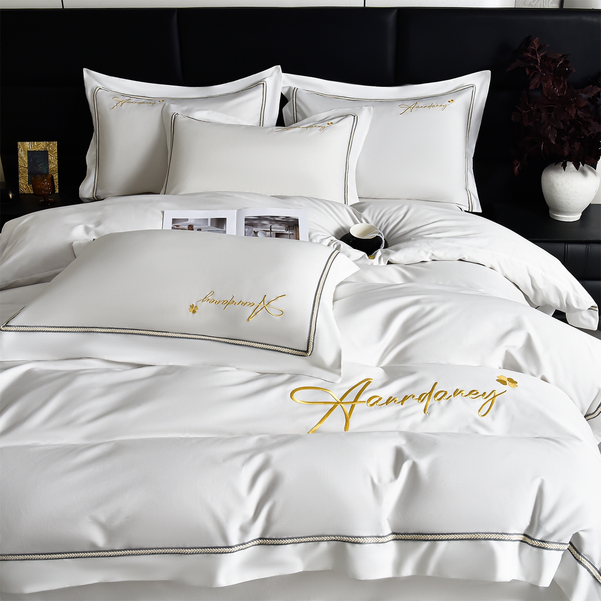 91家纺网 家纺一手货源 找家纺 湘雪家居 2026新款长绒棉高支高密纯棉刺绣四件套-幕镜款 幕镜-雪融白