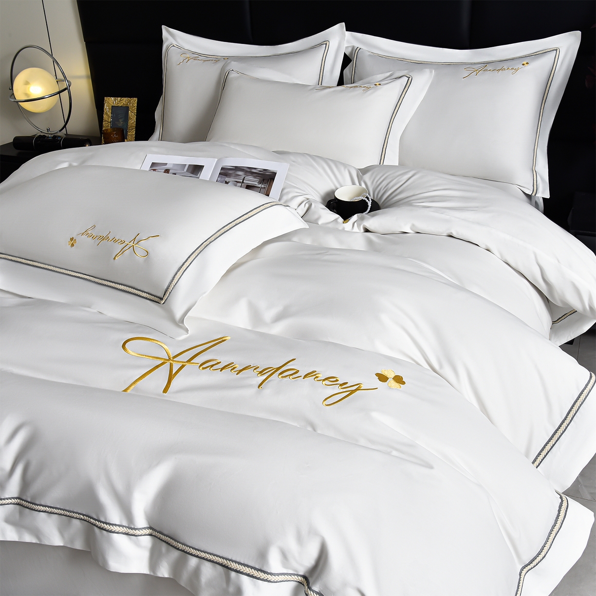 91家纺网 家纺一手货源 找家纺 湘雪家居 2026新款长绒棉高支高密纯棉刺绣四件套-幕镜款 幕镜-雪融白