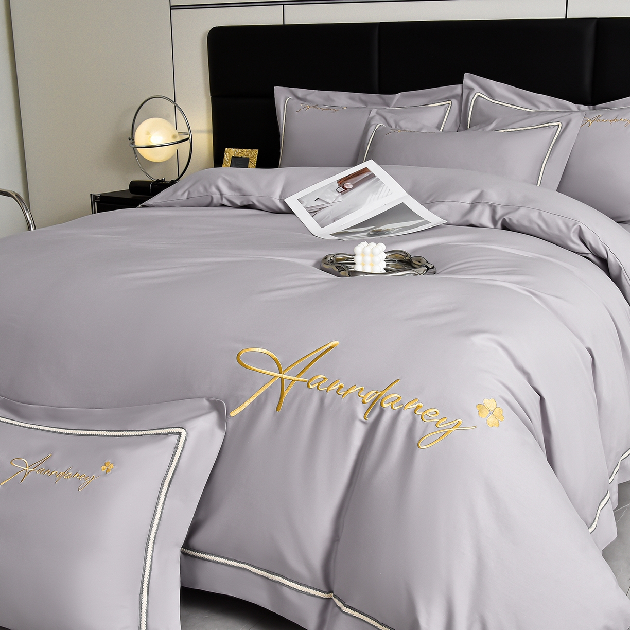 湘雪家居 2026新款长绒棉高支高密纯棉刺绣四件套-幕镜款 幕镜-椰子灰