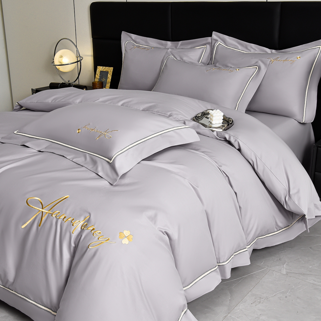 91家纺网 家纺一手货源 找家纺 湘雪家居 2026新款长绒棉高支高密纯棉刺绣四件套-幕镜款 幕镜-椰子灰