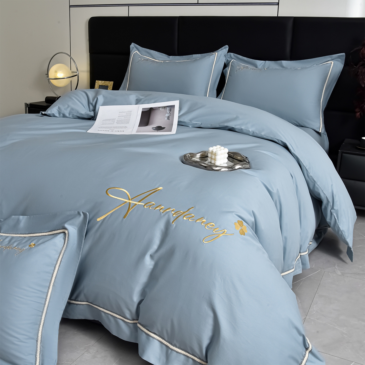 湘雪家居 2026新款长绒棉高支高密纯棉刺绣四件套-幕镜款 幕镜-烟雾蓝