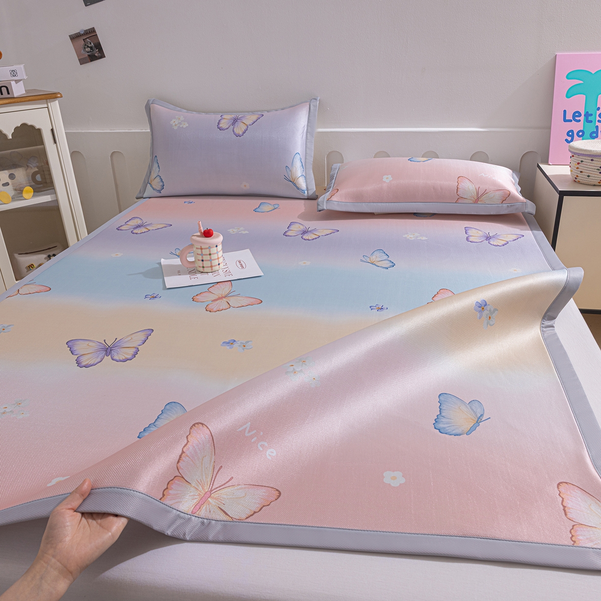 小萌虎 2026新款碳光冰丝席平铺款床席款 七彩蝴蝶