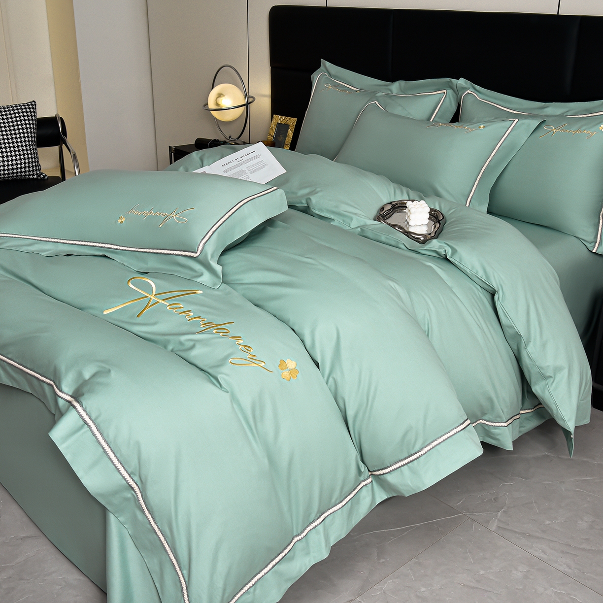 91家纺网 家纺一手货源 找家纺 湘雪家居 2026新款长绒棉高支高密纯棉刺绣四件套-幕镜款 幕镜-莱因绿