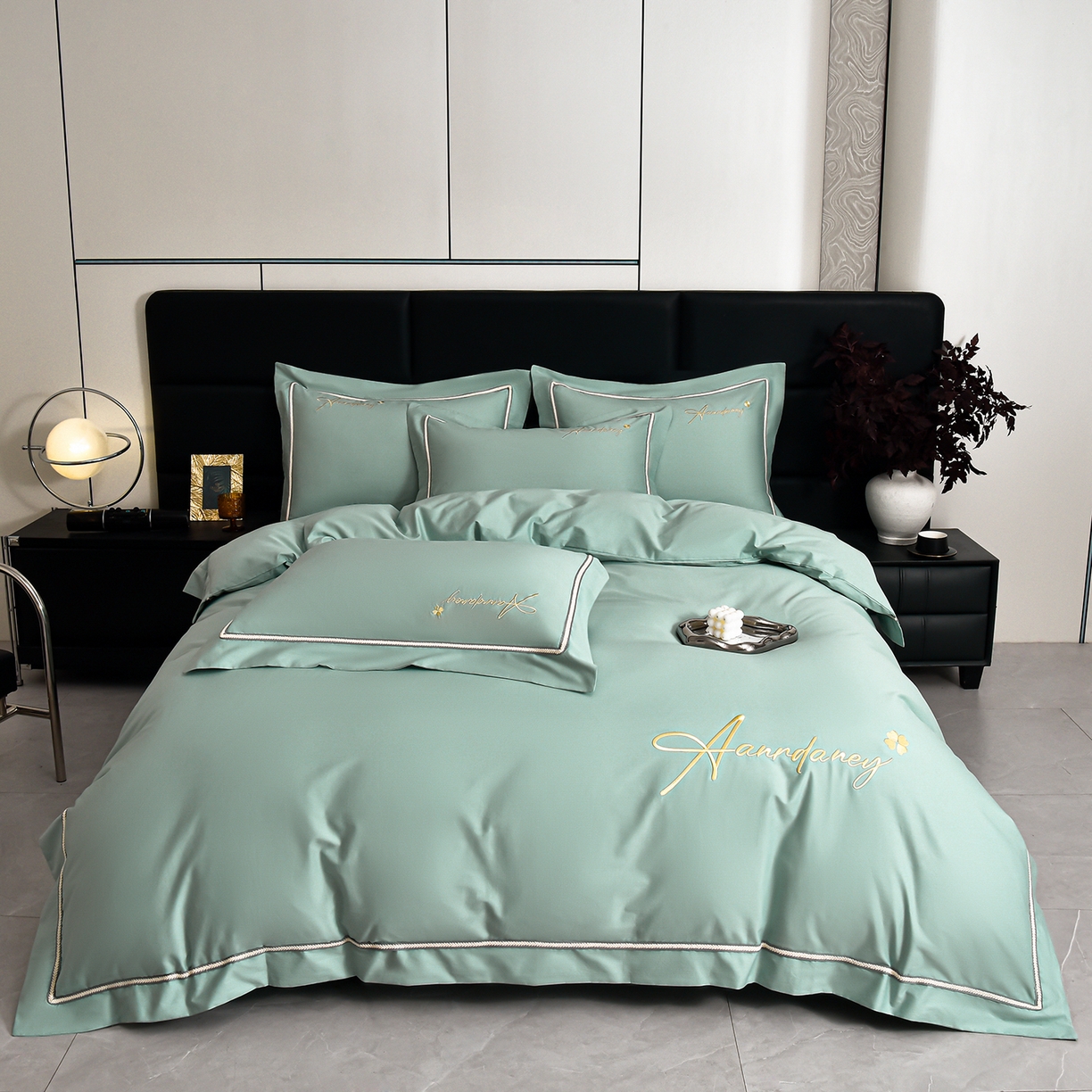 91家纺网 家纺一手货源 找家纺 湘雪家居 2026新款长绒棉高支高密纯棉刺绣四件套-幕镜款 幕镜-莱因绿