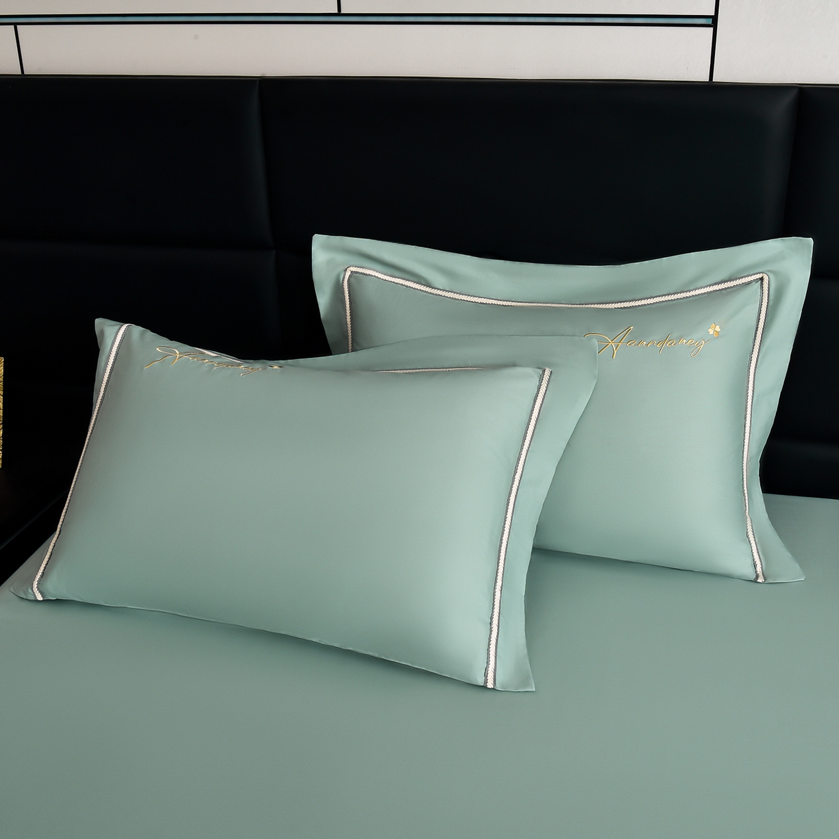 91家纺网 家纺一手货源 找家纺 湘雪家居 2026新款长绒棉高支高密纯棉刺绣四件套-幕镜款 幕镜-莱因绿