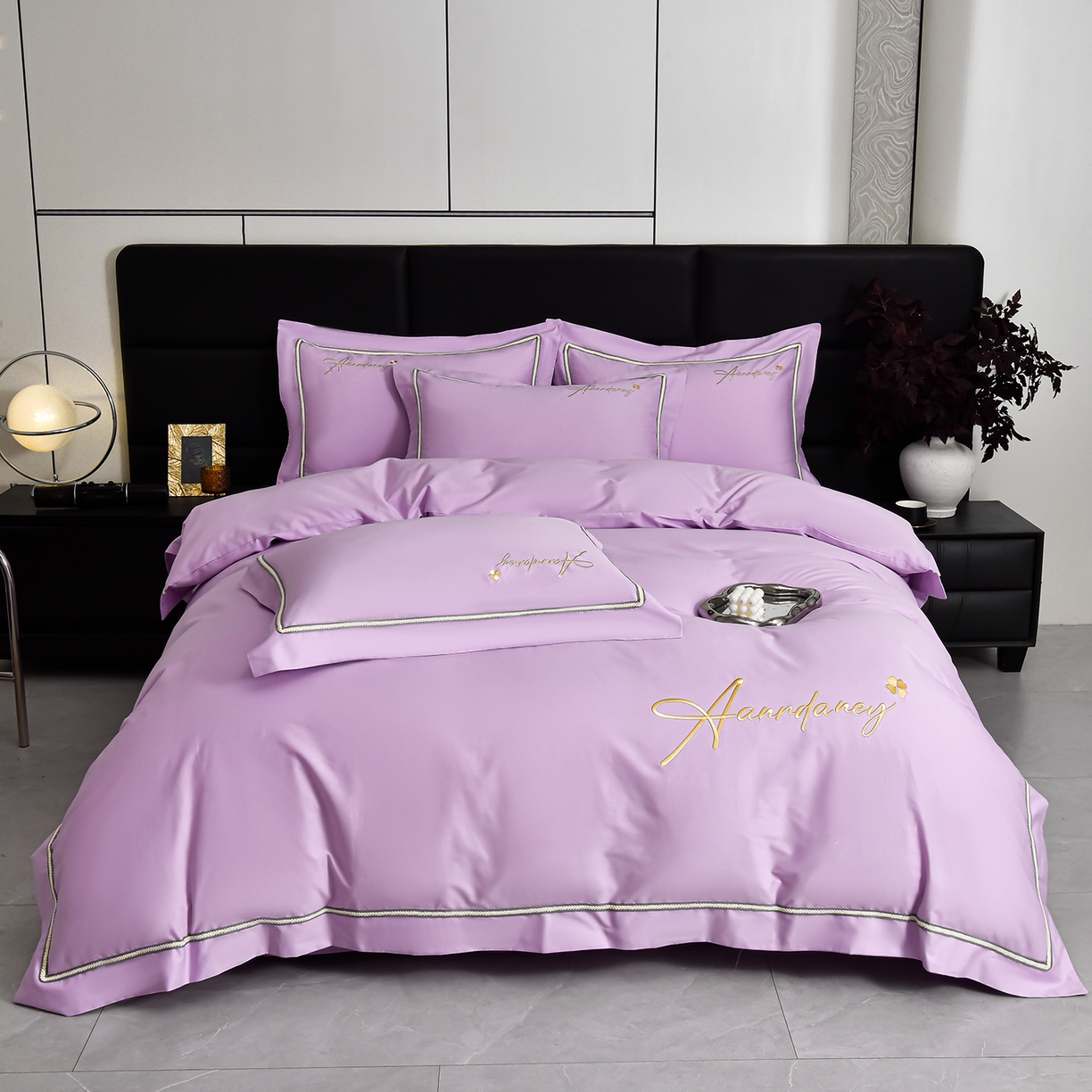 91家纺网 家纺一手货源 找家纺 湘雪家居 2026新款长绒棉高支高密纯棉刺绣四件套-幕镜款 幕镜-暮光紫