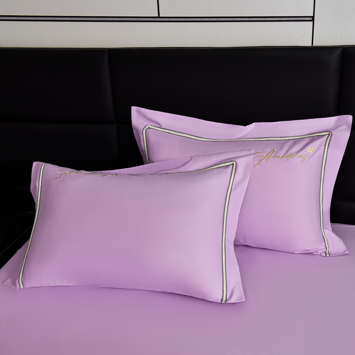 91家纺网 家纺一手货源 找家纺 湘雪家居 2026新款长绒棉高支高密纯棉刺绣四件套-幕镜款 幕镜-暮光紫